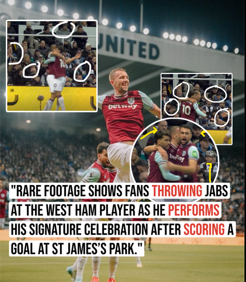 “Rare footage shows fans throwing jabs at the West Ham player as he performs his signature celebration after scoring a goal at St James’s Park.”