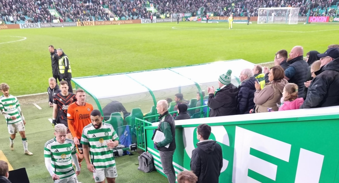 FURIOUS DUNDEE FC FANS SAYS THREE CHEEKY WORD STATEMENT TO CELTIC DEFENDER CARTER VICKERS ON HIS WAY TO DRESSING ROOM FOR SLAPPING THEIR OWN BEST PLAYER